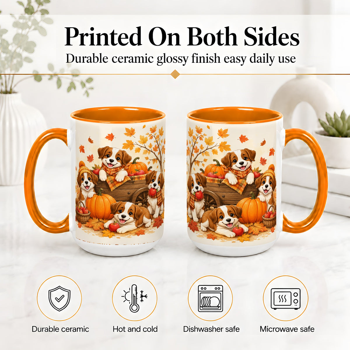 #pl[15oz|Orange] Autumn Puppies Accent Mug, Mug with Pumpkin Harvest Cart Artwork