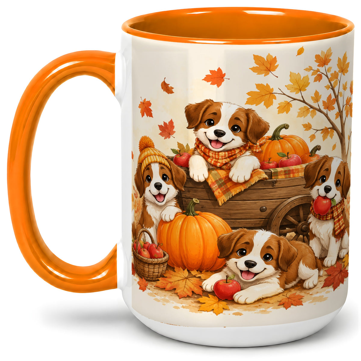 #pl[15oz|Orange] Autumn Puppies Accent Mug, Mug with Pumpkin Harvest Cart Artwork