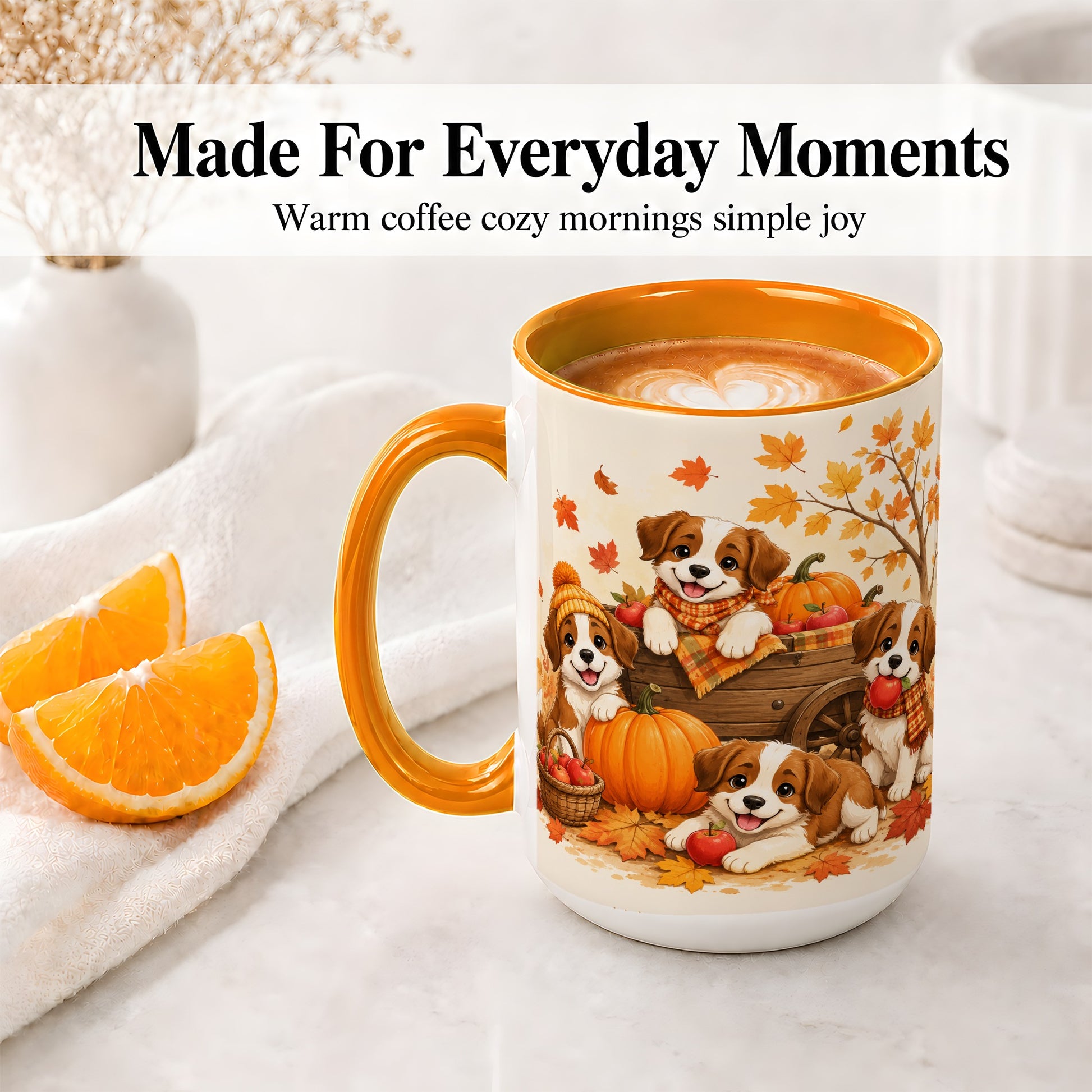 #pl[15oz|Orange] Autumn Puppies Accent Mug, Mug with Pumpkin Harvest Cart Artwork