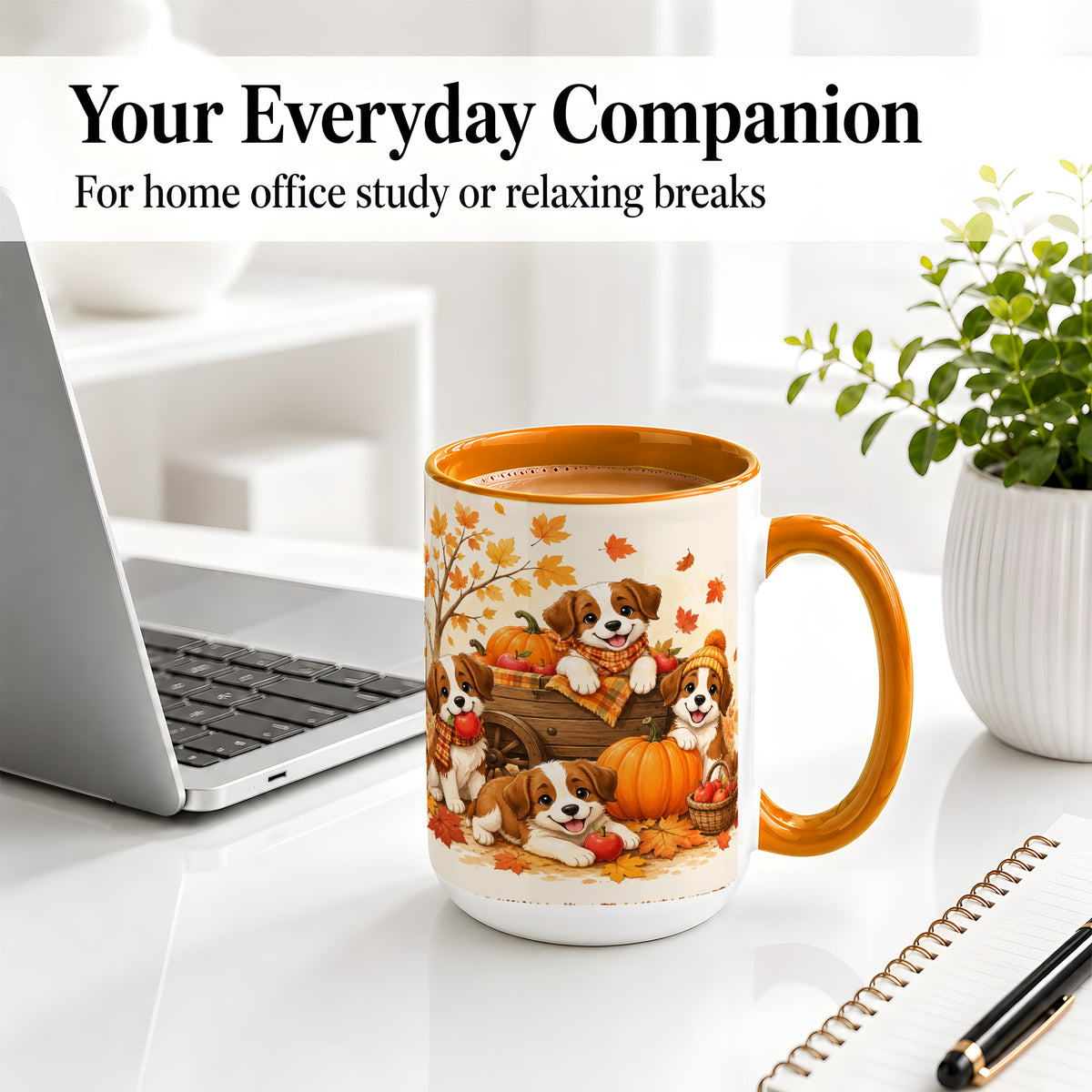 #pl[15oz|Orange] Autumn Puppies Accent Mug, Mug with Pumpkin Harvest Cart Artwork