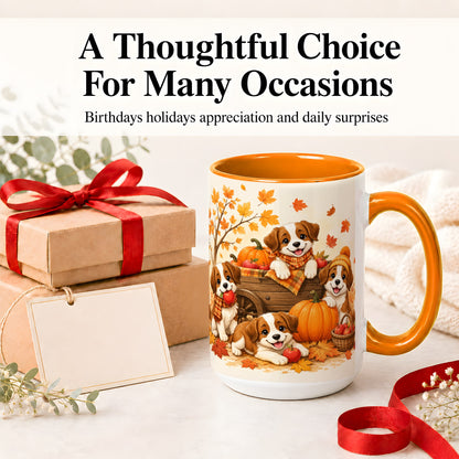 #pl[15oz|Orange] Autumn Puppies Accent Mug, Mug with Pumpkin Harvest Cart Artwork