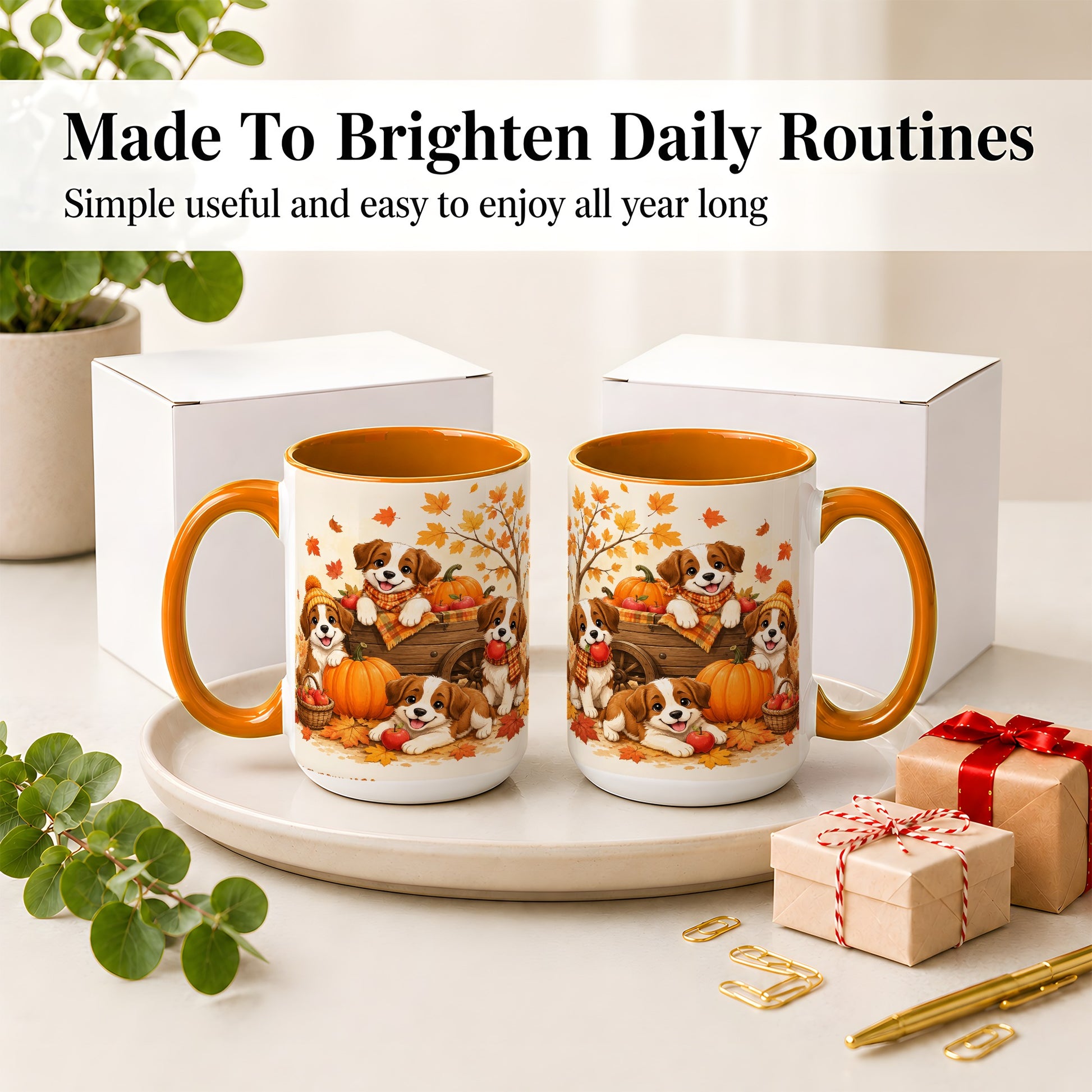 #pl[15oz|Orange] Autumn Puppies Accent Mug, Mug with Pumpkin Harvest Cart Artwork