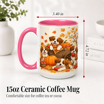 #pl[15oz|Pink] Autumn Puppies Accent Mug, Mug with Pumpkin Harvest Cart Artwork