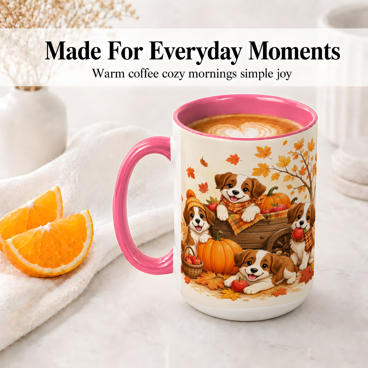 #pl[15oz|Pink] Autumn Puppies Accent Mug, Mug with Pumpkin Harvest Cart Artwork