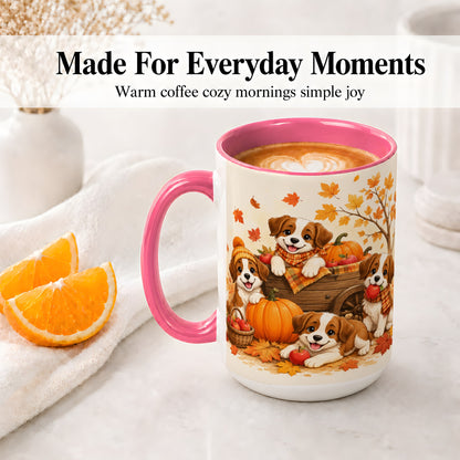 #pl[15oz|Pink] Autumn Puppies Accent Mug, Mug with Pumpkin Harvest Cart Artwork