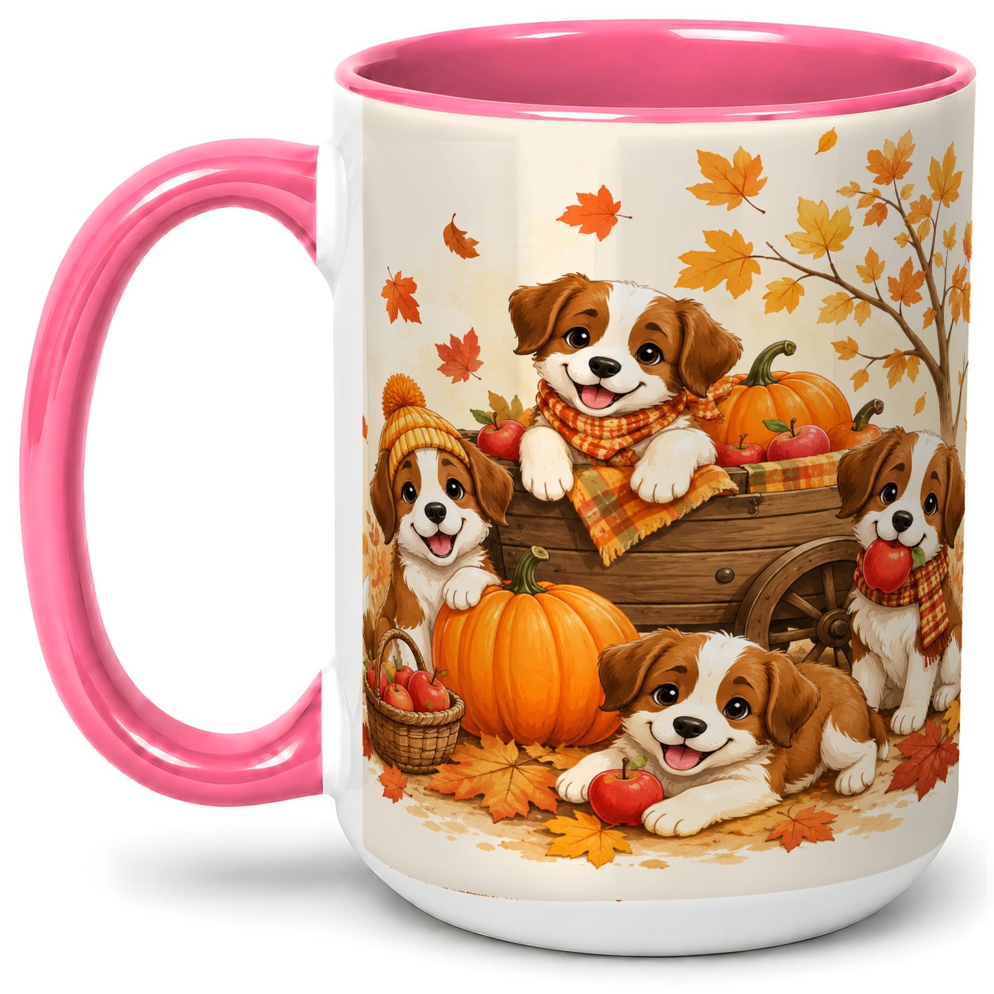 #pl[15oz|Pink] Autumn Puppies Accent Mug, Mug with Pumpkin Harvest Cart Artwork