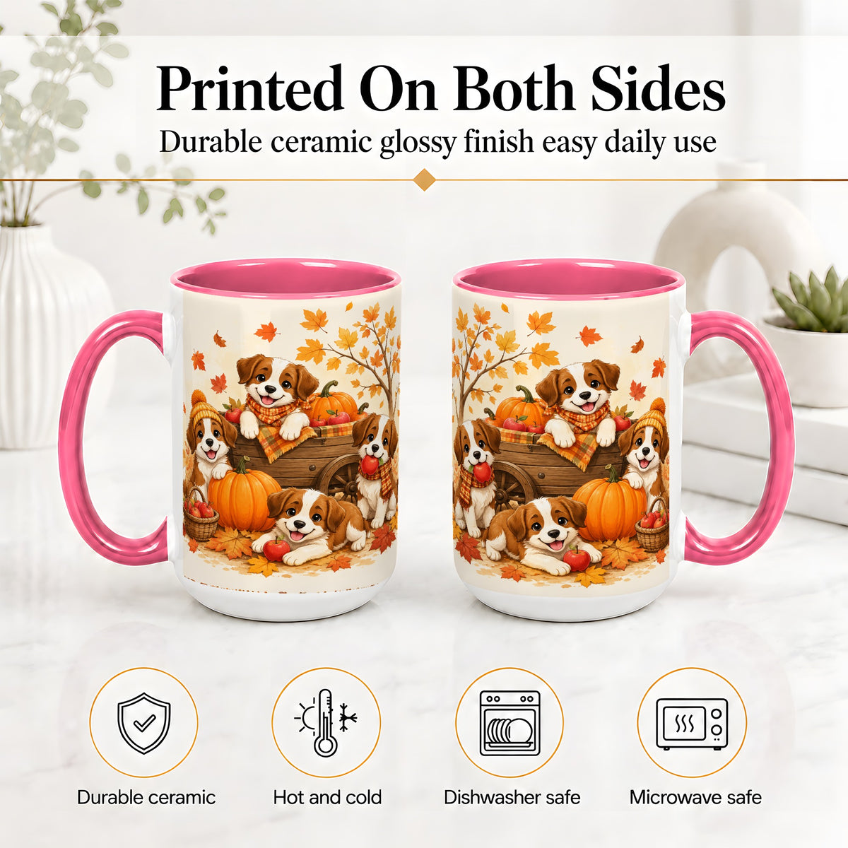 #pl[15oz|Pink] Autumn Puppies Accent Mug, Mug with Pumpkin Harvest Cart Artwork