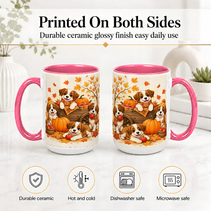 #pl[15oz|Pink] Autumn Puppies Accent Mug, Mug with Pumpkin Harvest Cart Artwork