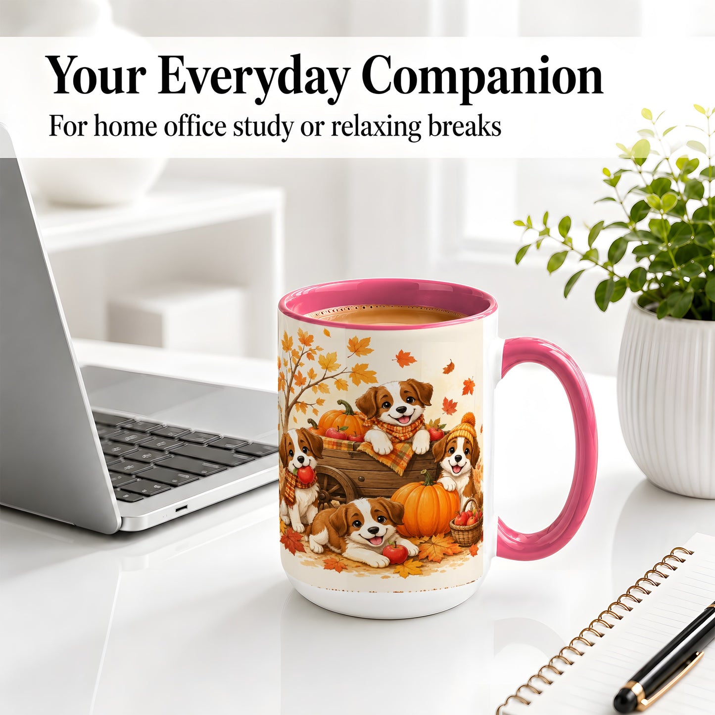 #pl[15oz|Pink] Autumn Puppies Accent Mug, Mug with Pumpkin Harvest Cart Artwork