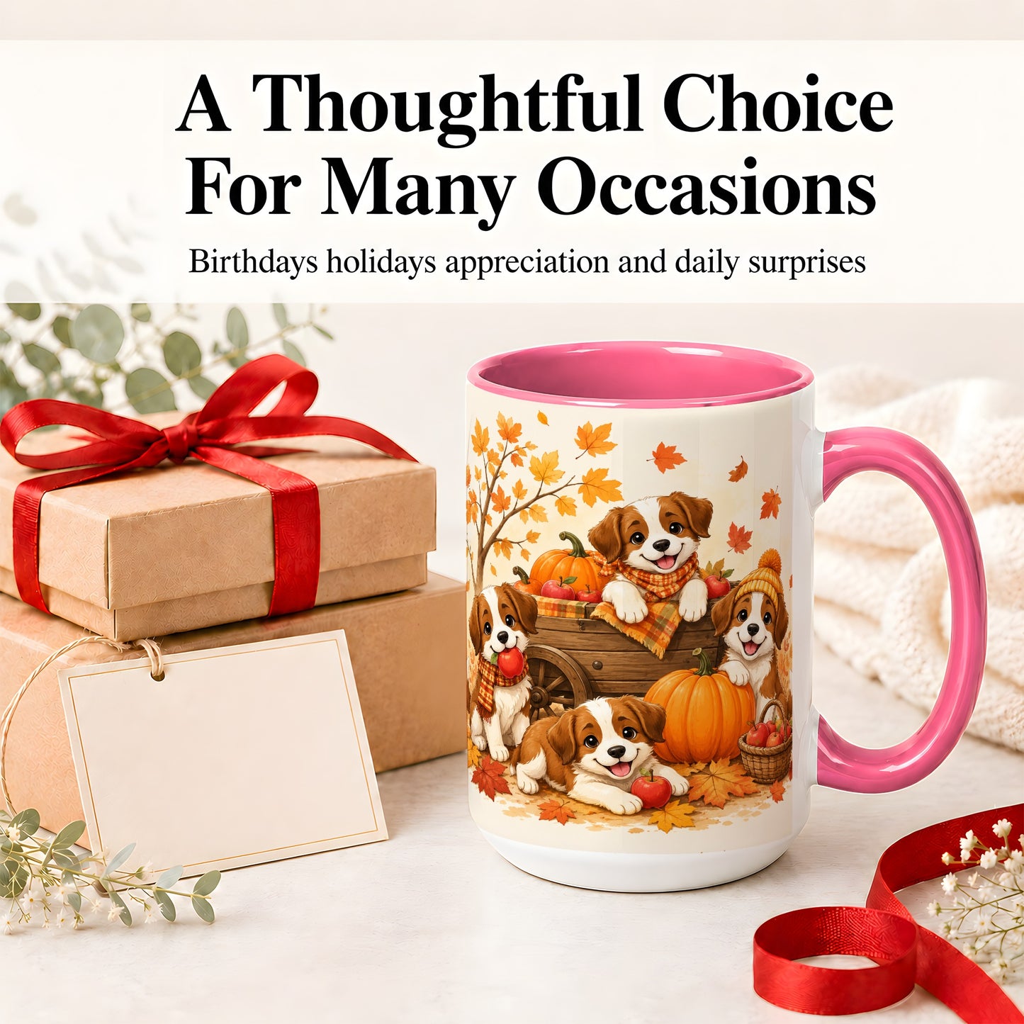 #pl[15oz|Pink] Autumn Puppies Accent Mug, Mug with Pumpkin Harvest Cart Artwork