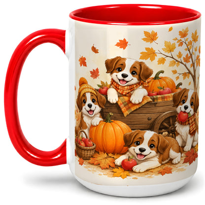 #pl[15oz|Red] Autumn Puppies Accent Mug, Mug with Pumpkin Harvest Cart Artwork