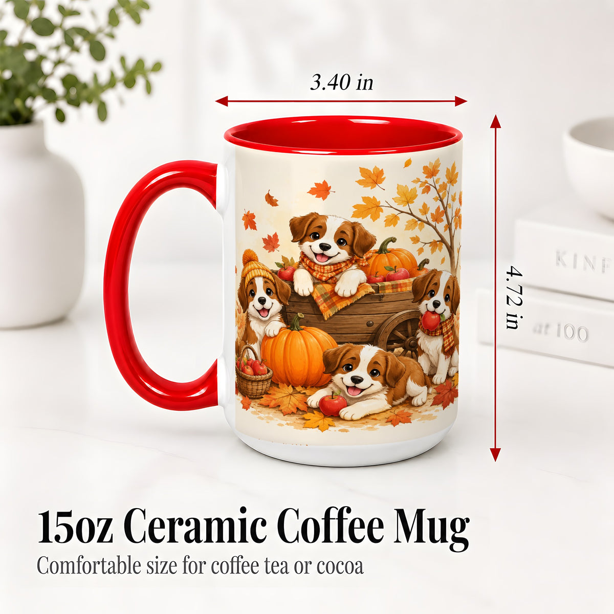 #pl[15oz|Red] Autumn Puppies Accent Mug, Mug with Pumpkin Harvest Cart Artwork