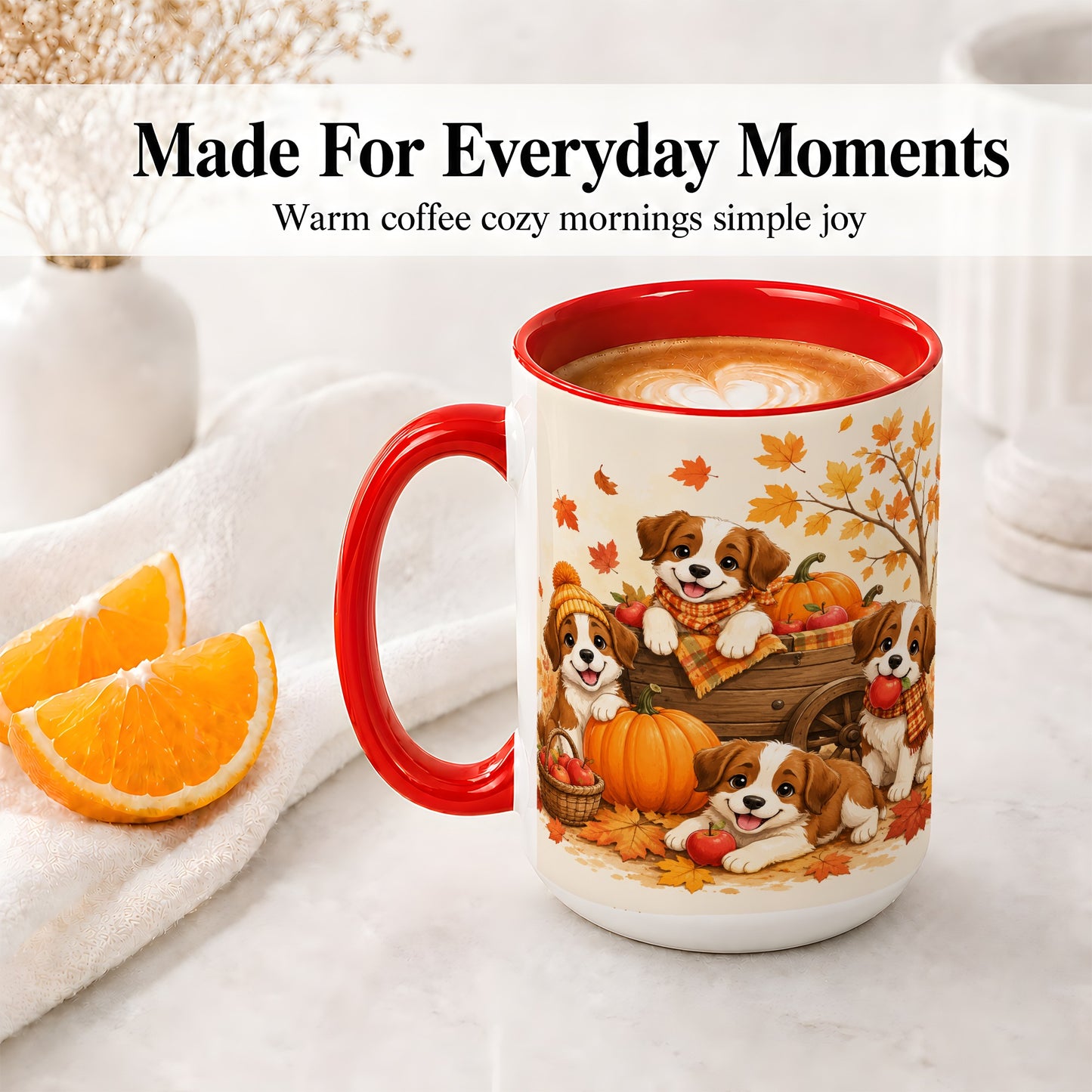 #pl[15oz|Red] Autumn Puppies Accent Mug, Mug with Pumpkin Harvest Cart Artwork