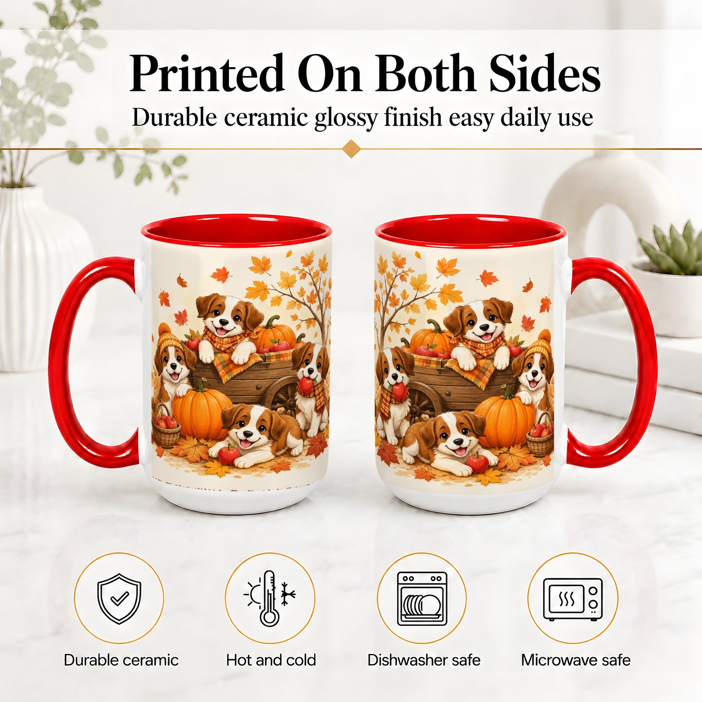 #pl[15oz|Red] Autumn Puppies Accent Mug, Mug with Pumpkin Harvest Cart Artwork