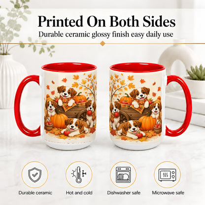 #pl[15oz|Red] Autumn Puppies Accent Mug, Mug with Pumpkin Harvest Cart Artwork