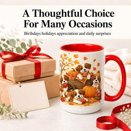 #pl[15oz|Red] Autumn Puppies Accent Mug, Mug with Pumpkin Harvest Cart Artwork