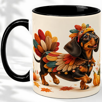 #pl[11oz|Black] Thanksgiving Dachshund Accent Mug, Mug with Turkey Costume Art