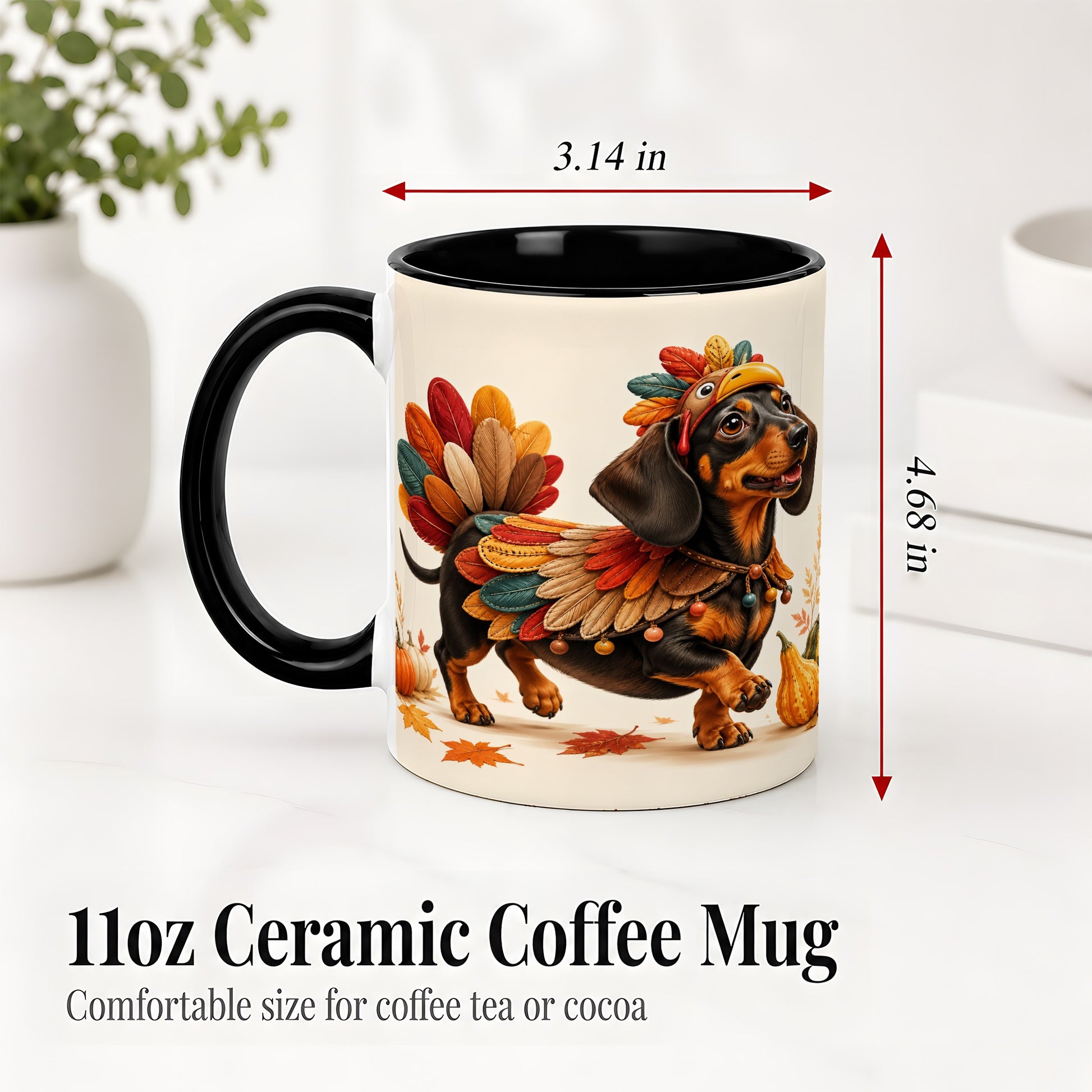 #pl[11oz|Black] Thanksgiving Dachshund Accent Mug, Mug with Turkey Costume Art