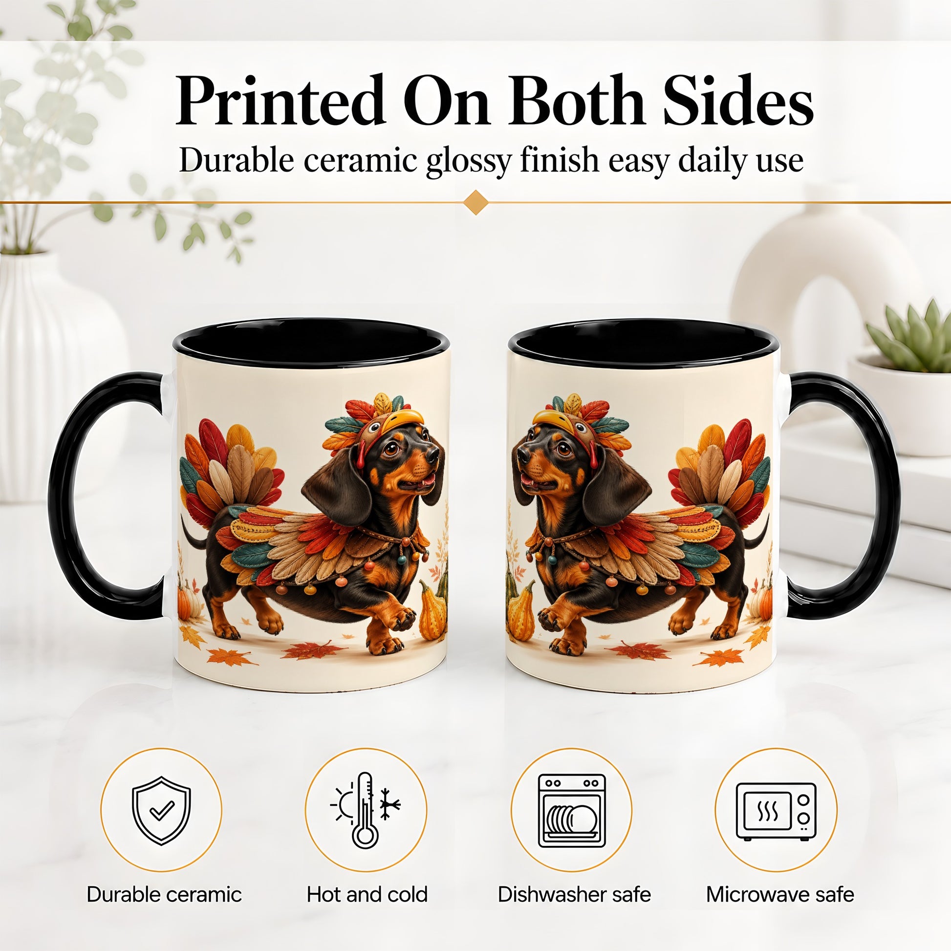 #pl[11oz|Black] Thanksgiving Dachshund Accent Mug, Mug with Turkey Costume Art