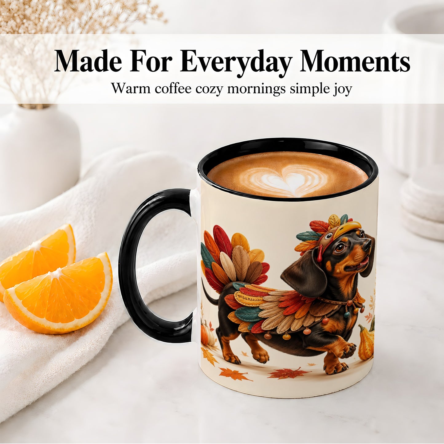 #pl[11oz|Black] Thanksgiving Dachshund Accent Mug, Mug with Turkey Costume Art
