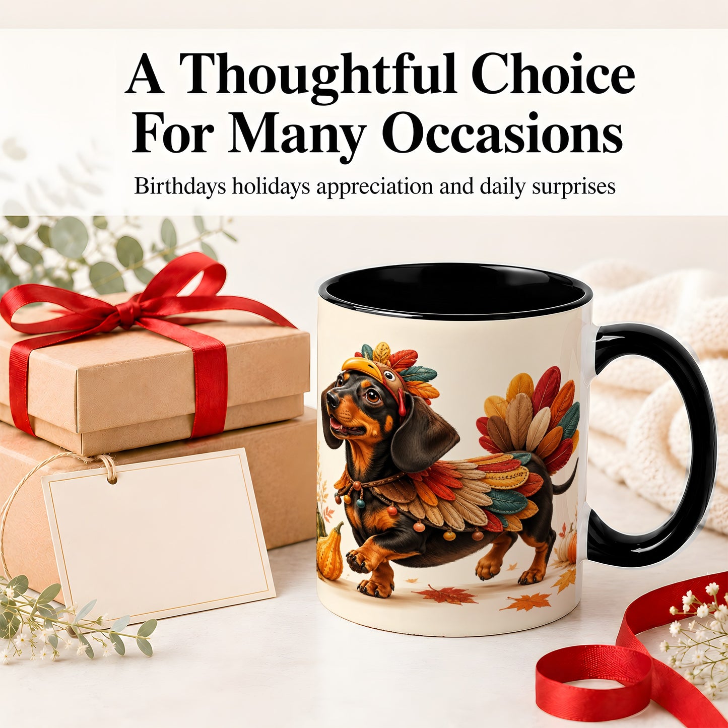 #pl[11oz|Black] Thanksgiving Dachshund Accent Mug, Mug with Turkey Costume Art