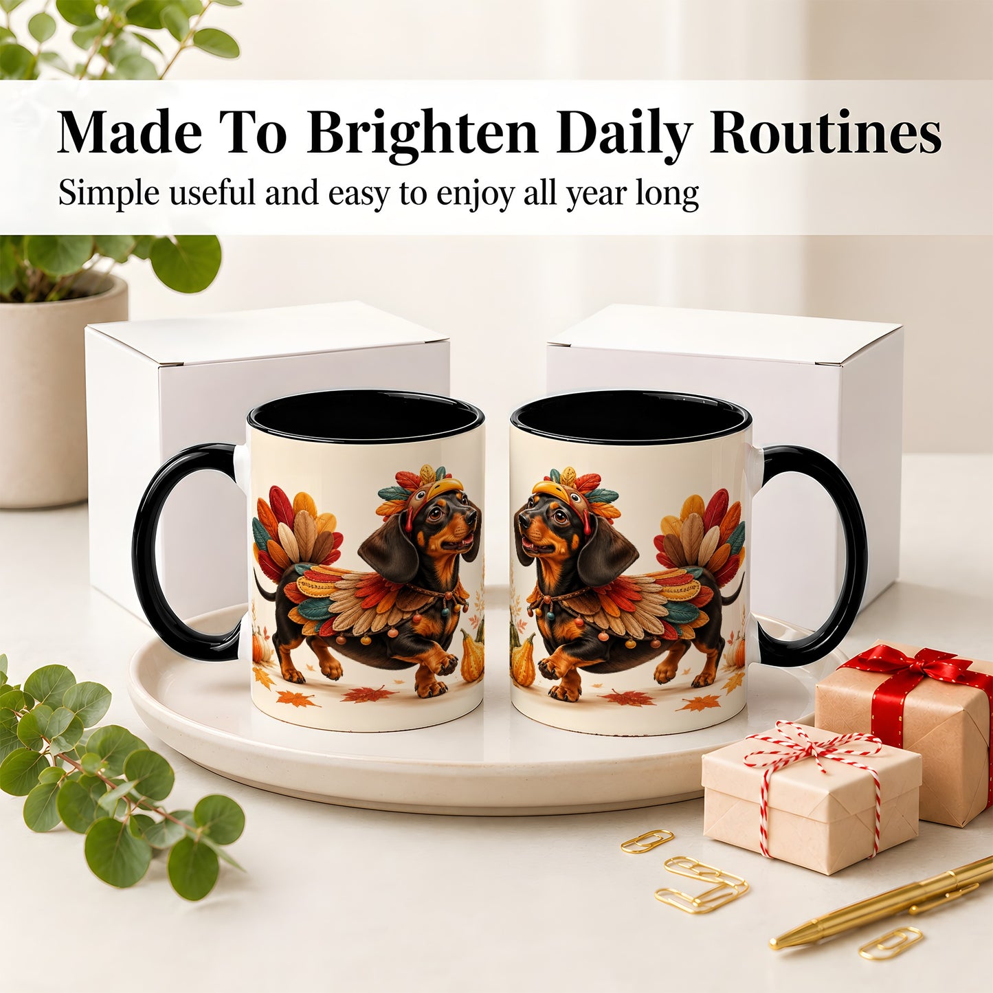 #pl[11oz|Black] Thanksgiving Dachshund Accent Mug, Mug with Turkey Costume Art
