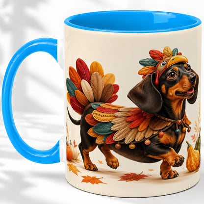 #pl[11oz|Blue] Thanksgiving Dachshund Accent Mug, Mug with Turkey Costume Art