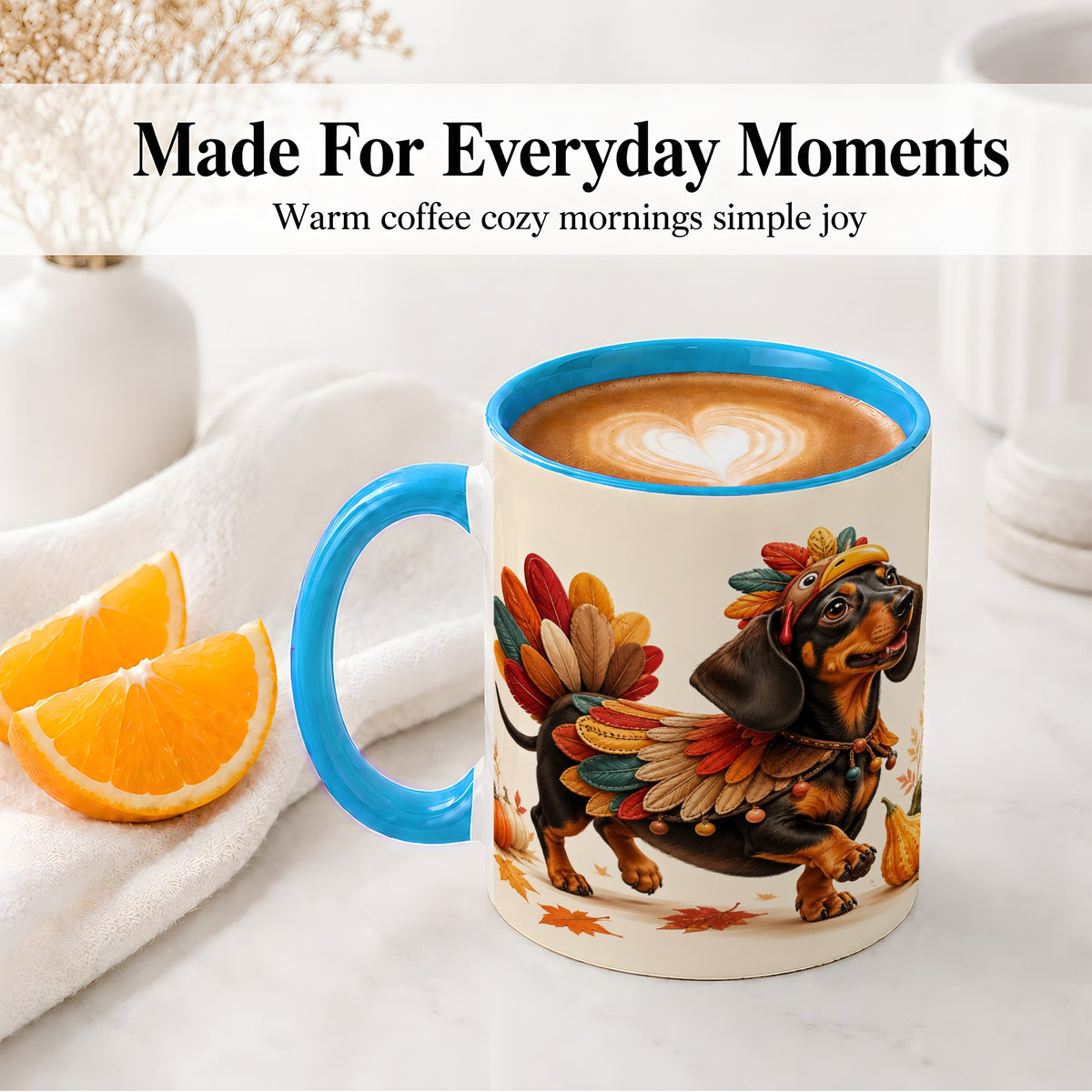 #pl[11oz|Blue] Thanksgiving Dachshund Accent Mug, Mug with Turkey Costume Art