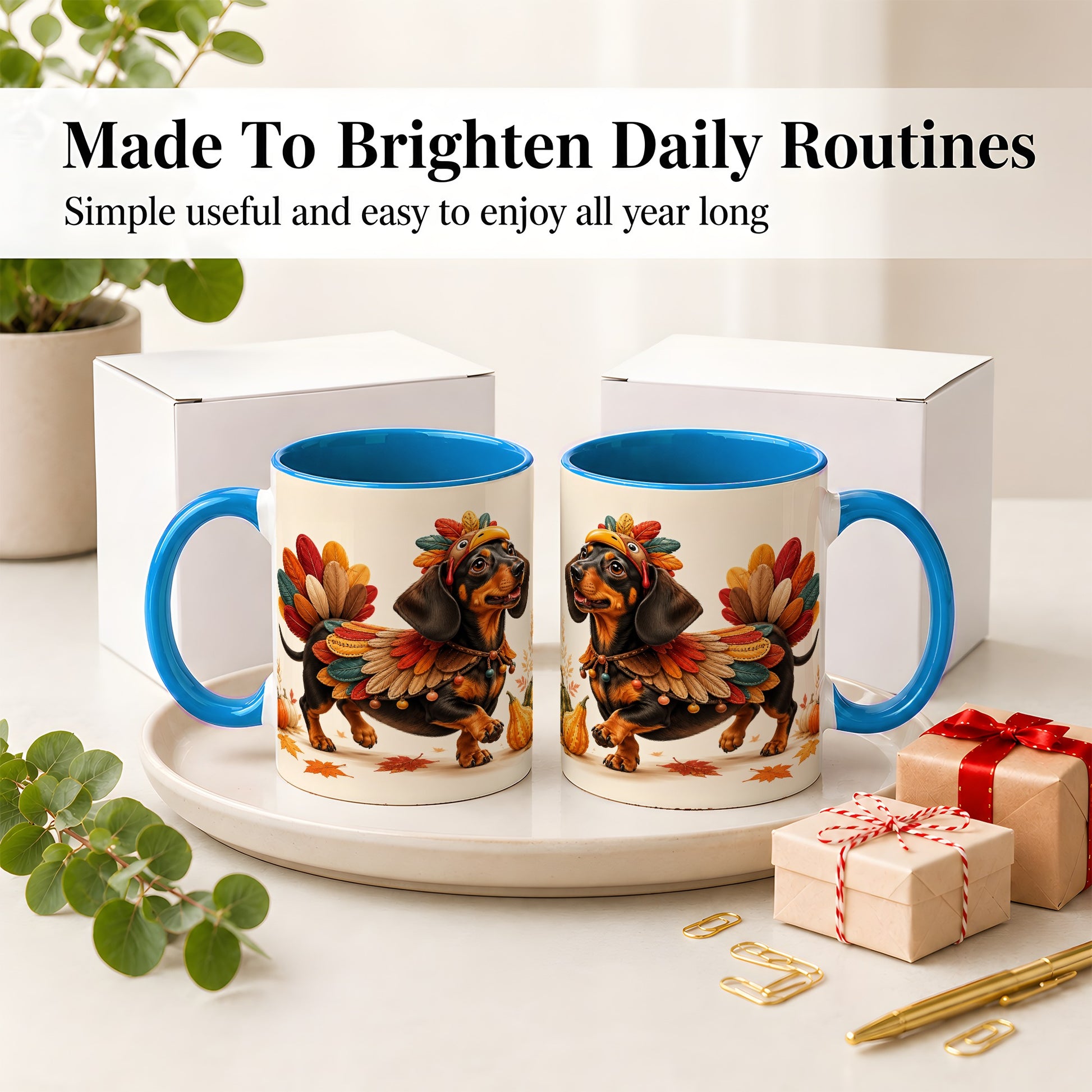 #pl[11oz|Blue] Thanksgiving Dachshund Accent Mug, Mug with Turkey Costume Art