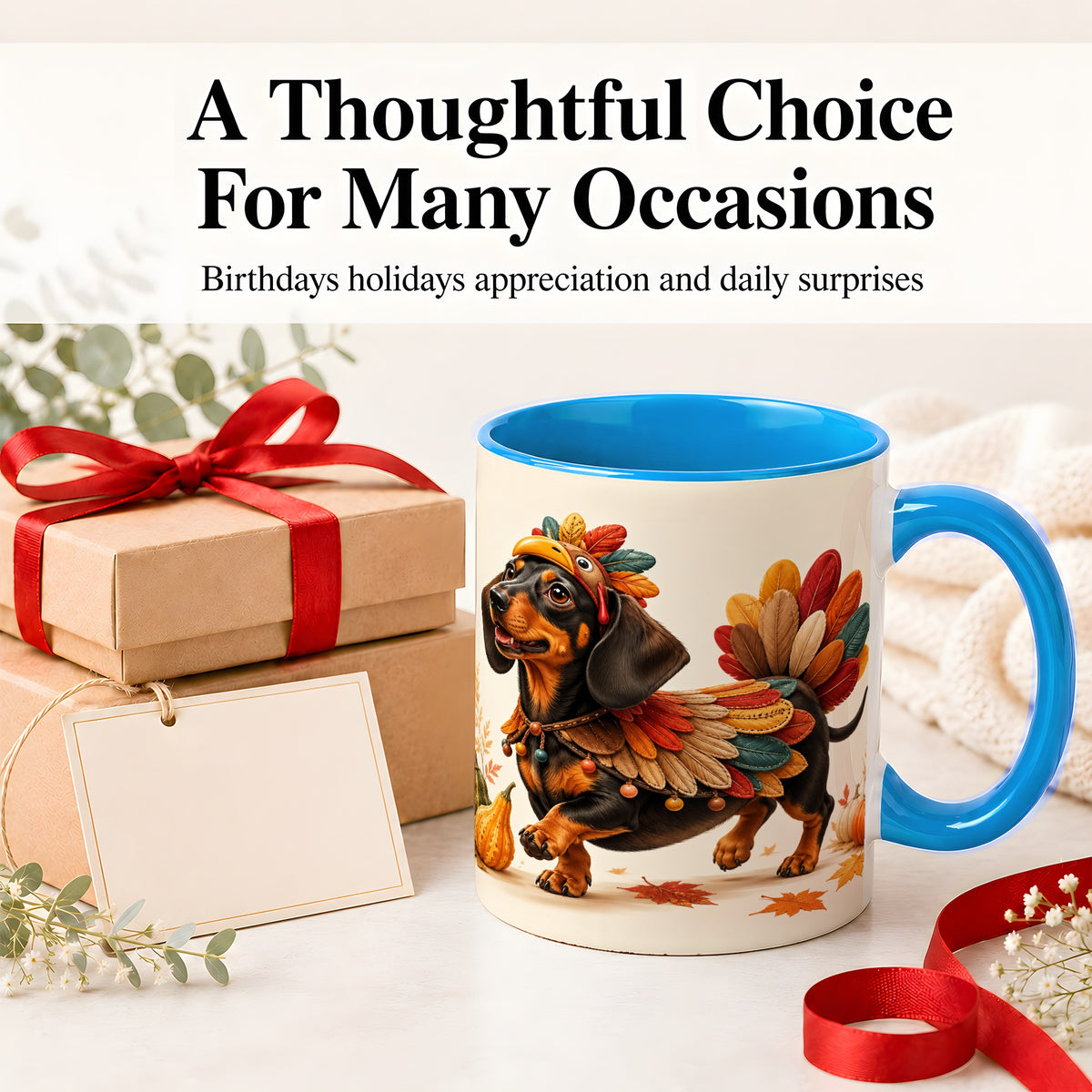 #pl[11oz|Blue] Thanksgiving Dachshund Accent Mug, Mug with Turkey Costume Art