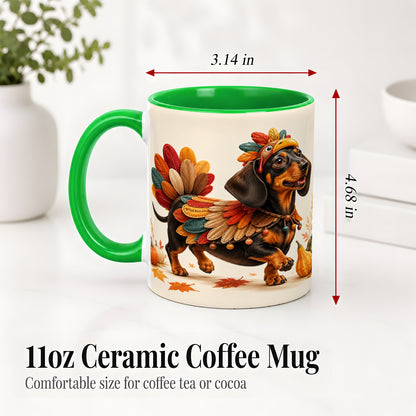 #pl[11oz|Green] Thanksgiving Dachshund Accent Mug, Mug with Turkey Costume Art