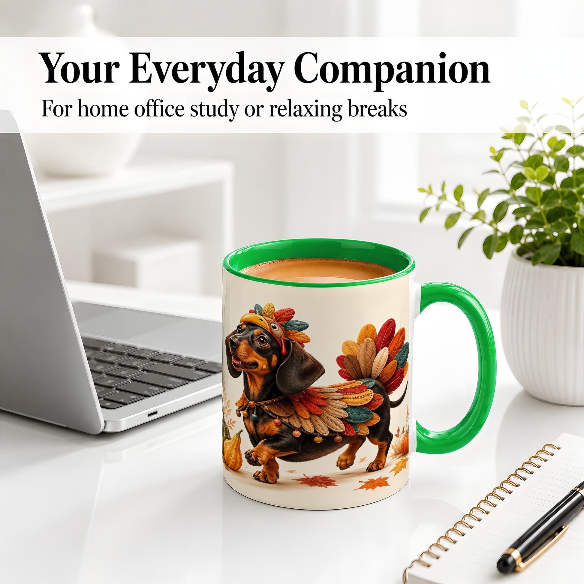 #pl[11oz|Green] Thanksgiving Dachshund Accent Mug, Mug with Turkey Costume Art