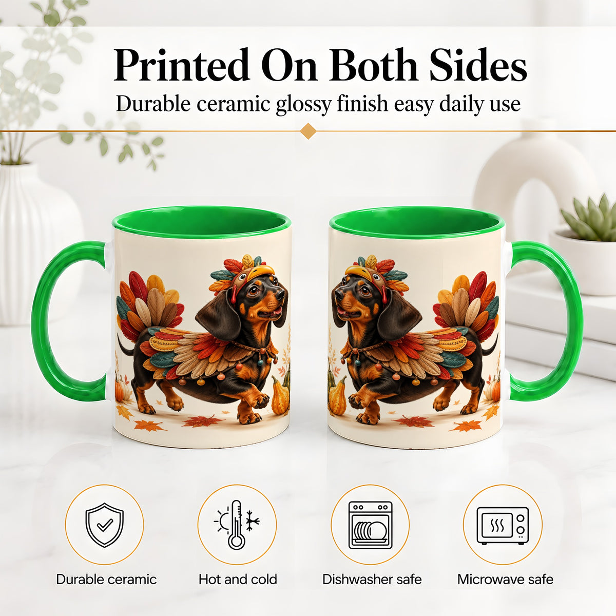 #pl[11oz|Green] Thanksgiving Dachshund Accent Mug, Mug with Turkey Costume Art