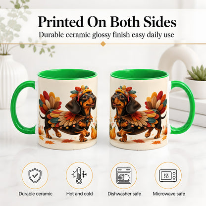 #pl[11oz|Green] Thanksgiving Dachshund Accent Mug, Mug with Turkey Costume Art