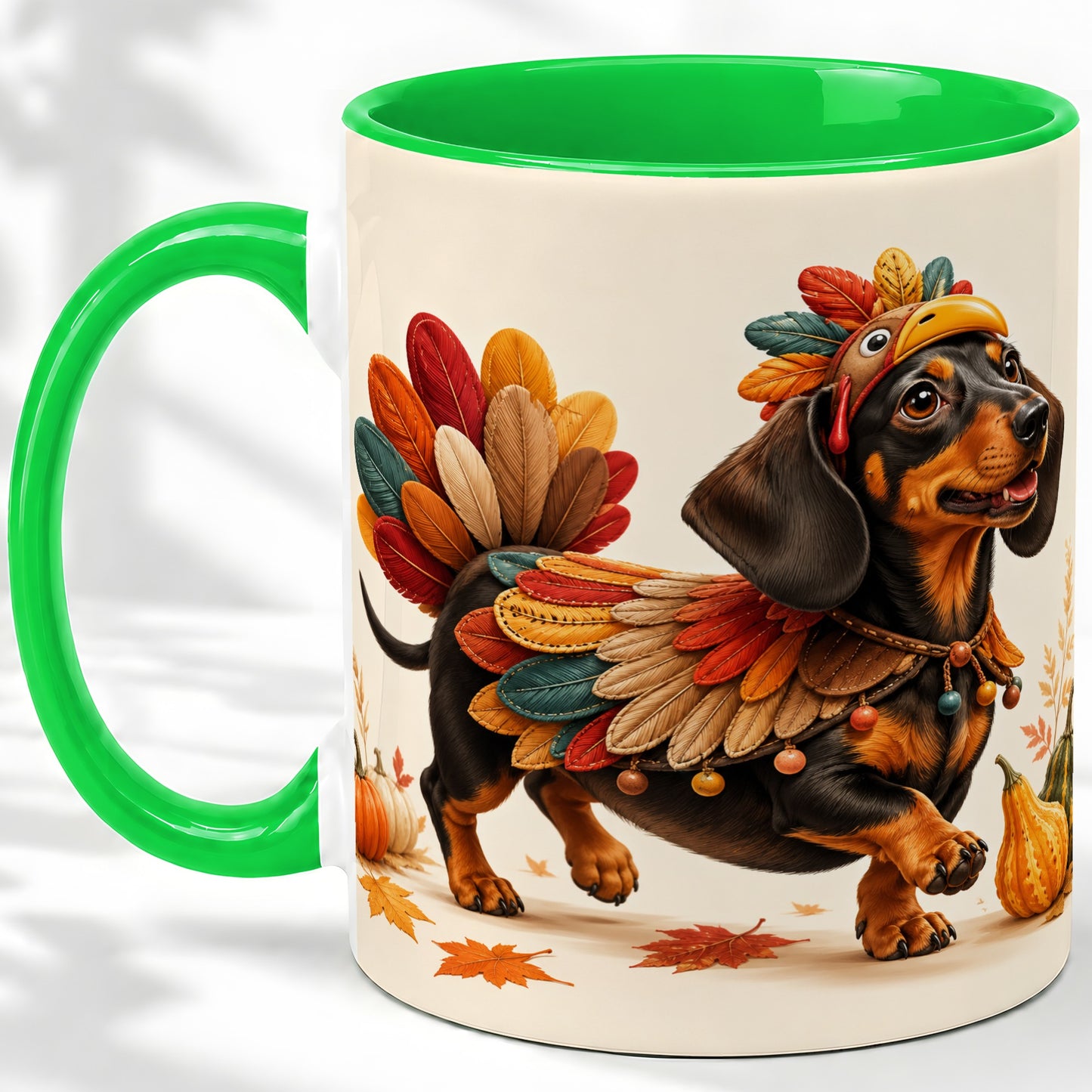 #pl[11oz|Green] Thanksgiving Dachshund Accent Mug, Mug with Turkey Costume Art