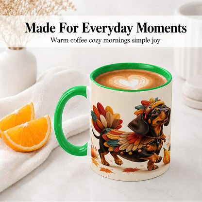 #pl[11oz|Green] Thanksgiving Dachshund Accent Mug, Mug with Turkey Costume Art