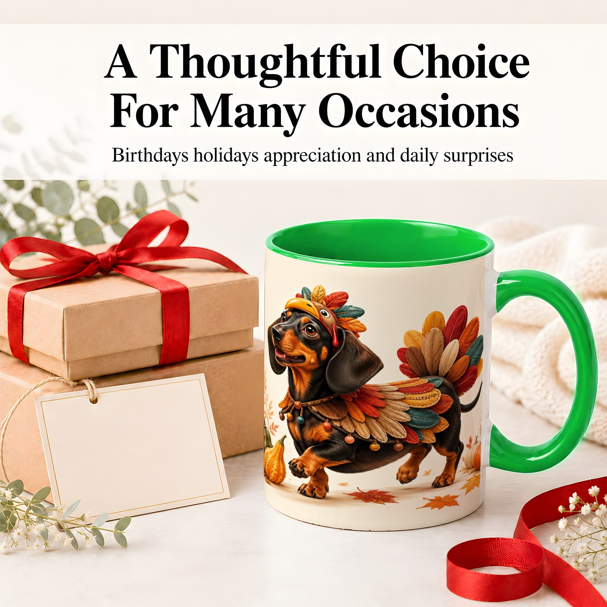 #pl[11oz|Green] Thanksgiving Dachshund Accent Mug, Mug with Turkey Costume Art