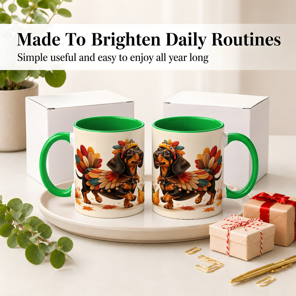 #pl[11oz|Green] Thanksgiving Dachshund Accent Mug, Mug with Turkey Costume Art