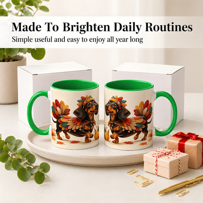 #pl[11oz|Green] Thanksgiving Dachshund Accent Mug, Mug with Turkey Costume Art