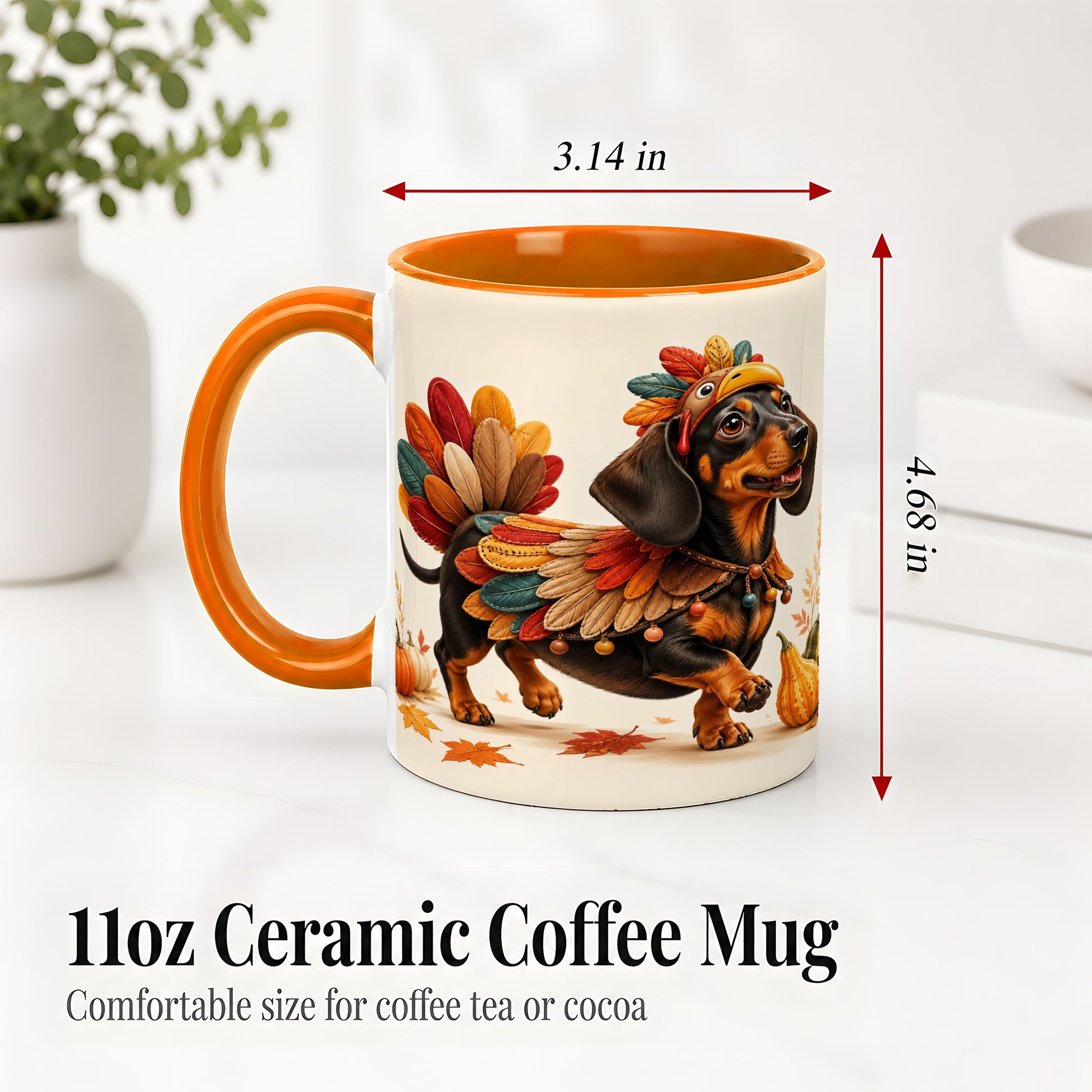#pl[11oz|Orange] Thanksgiving Dachshund Accent Mug, Mug with Turkey Costume Art