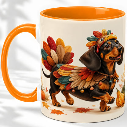 #pl[11oz|Orange] Thanksgiving Dachshund Accent Mug, Mug with Turkey Costume Art