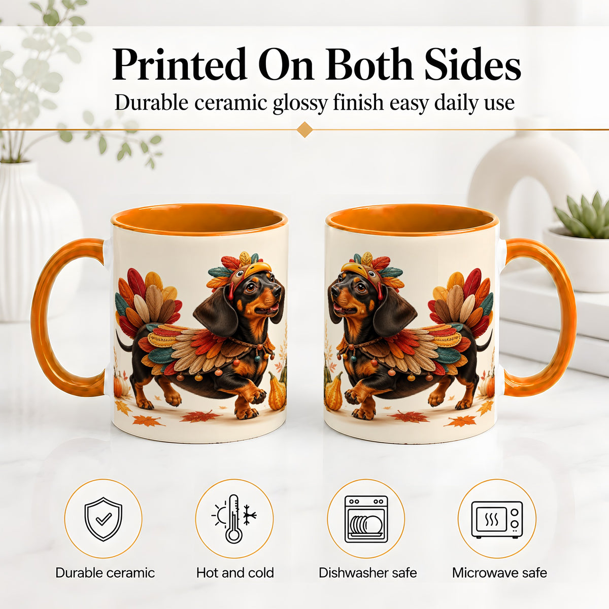 #pl[11oz|Orange] Thanksgiving Dachshund Accent Mug, Mug with Turkey Costume Art