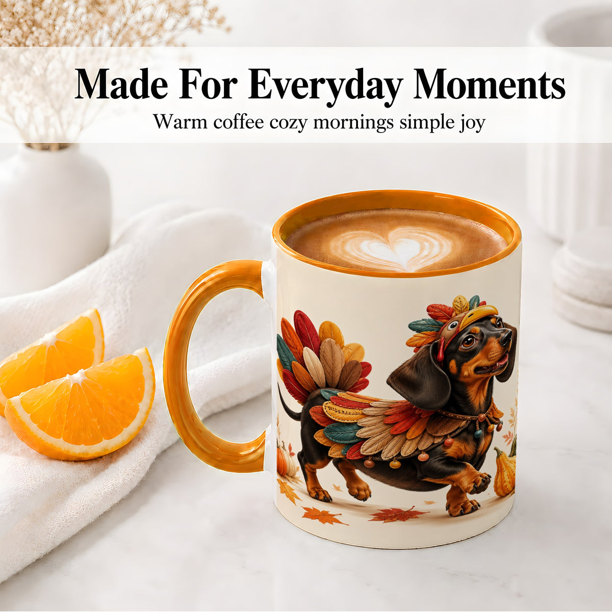 #pl[11oz|Orange] Thanksgiving Dachshund Accent Mug, Mug with Turkey Costume Art