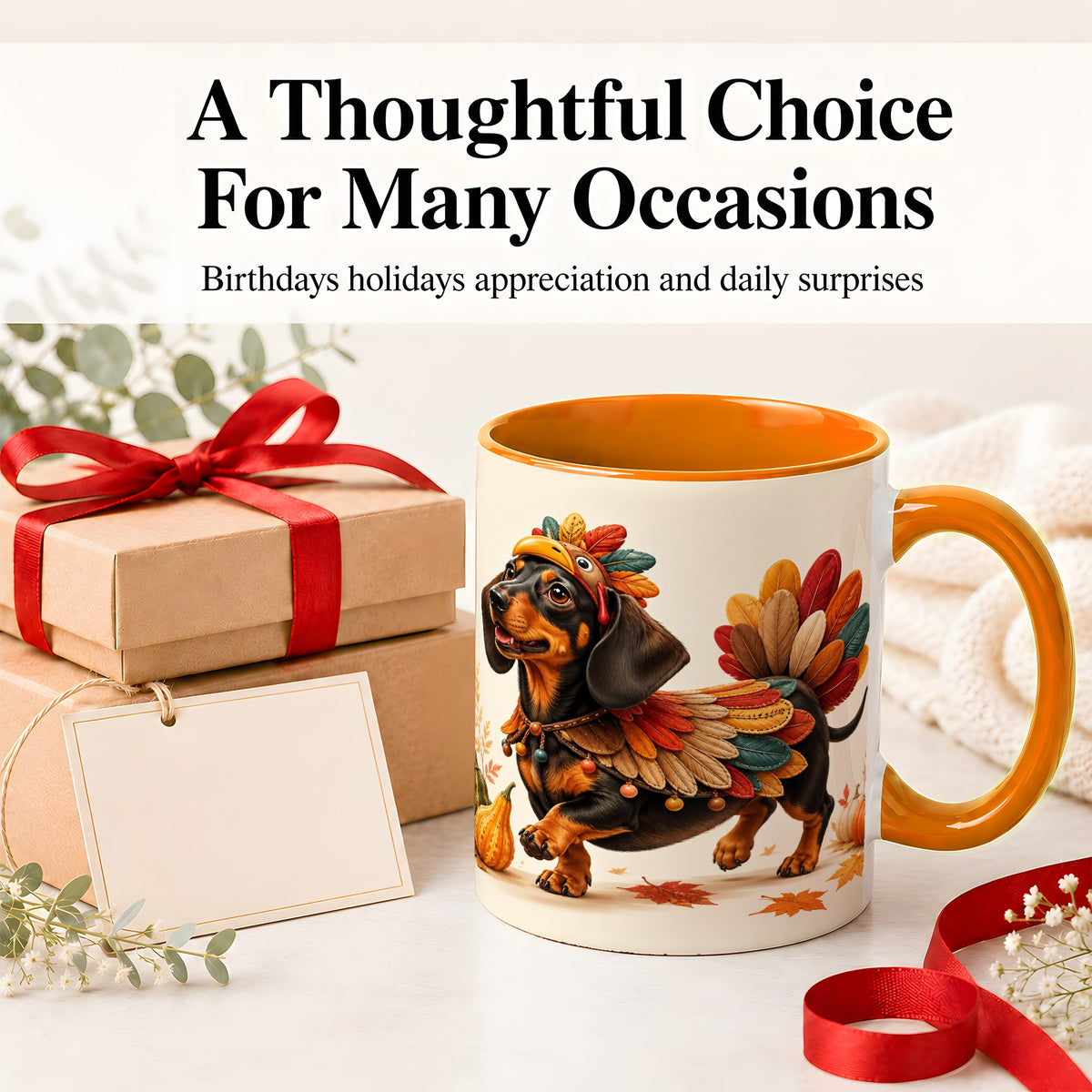 #pl[11oz|Orange] Thanksgiving Dachshund Accent Mug, Mug with Turkey Costume Art