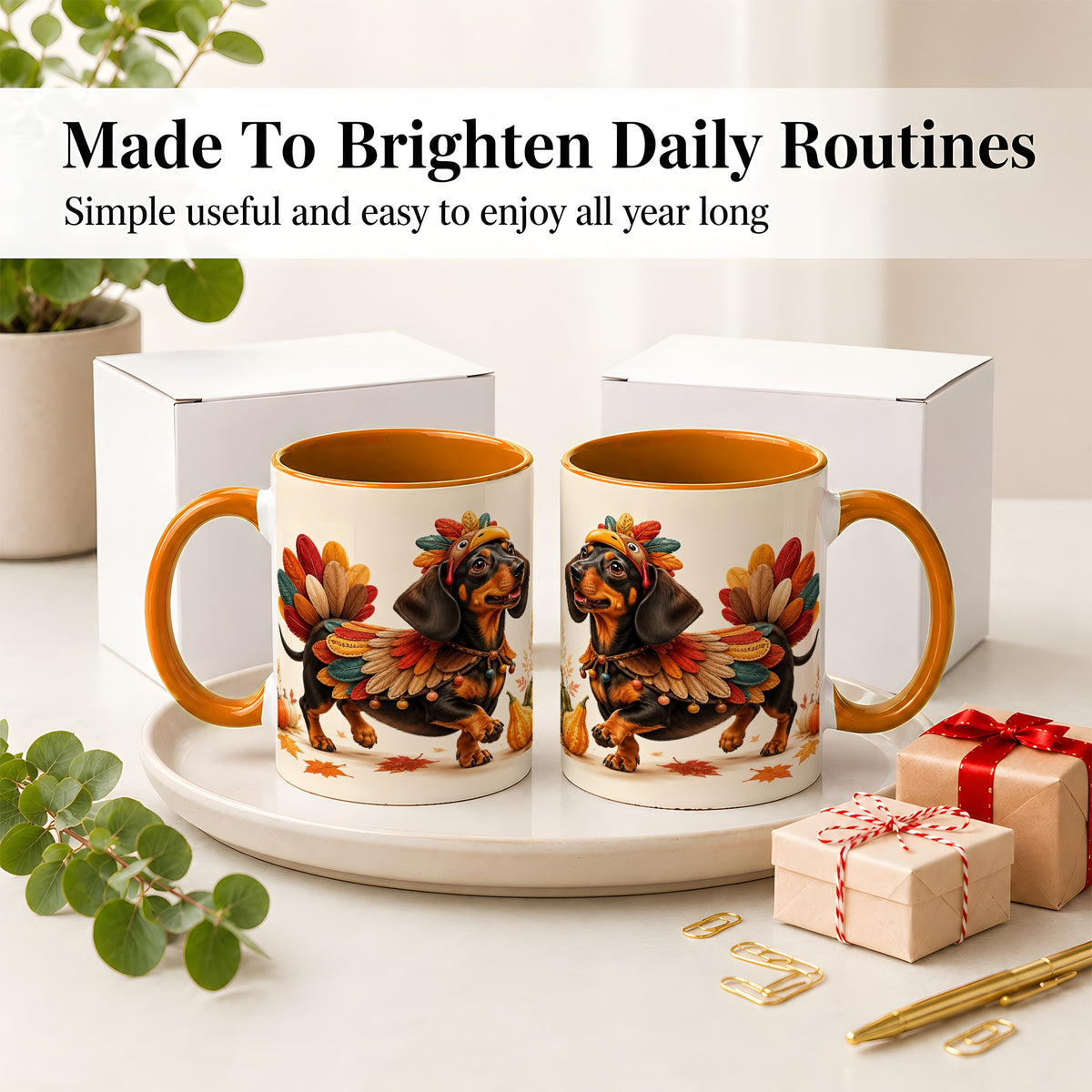 #pl[11oz|Orange] Thanksgiving Dachshund Accent Mug, Mug with Turkey Costume Art