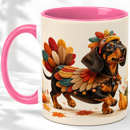 #pl[11oz|Pink] Thanksgiving Dachshund Accent Mug, Mug with Turkey Costume Art