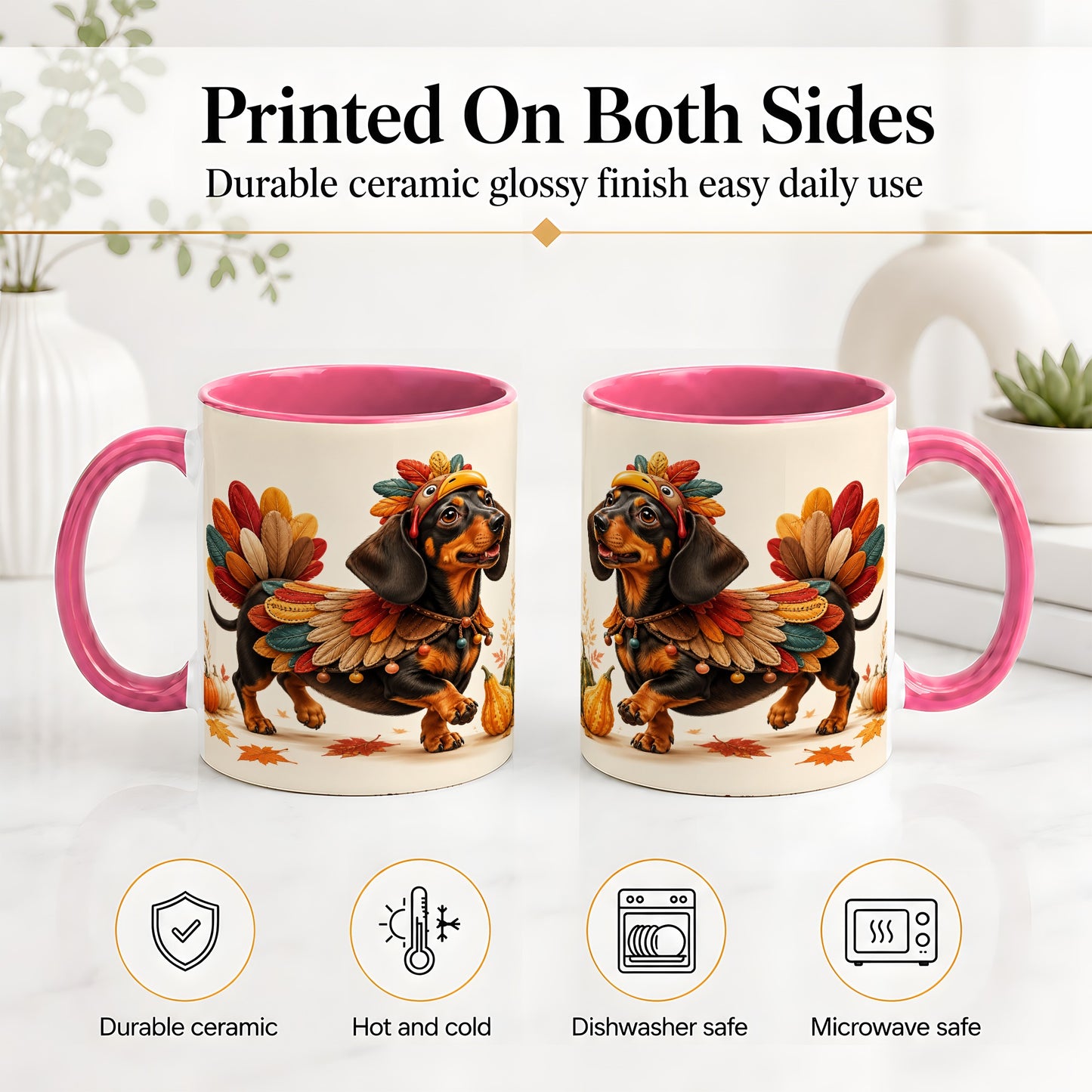 #pl[11oz|Pink] Thanksgiving Dachshund Accent Mug, Mug with Turkey Costume Art
