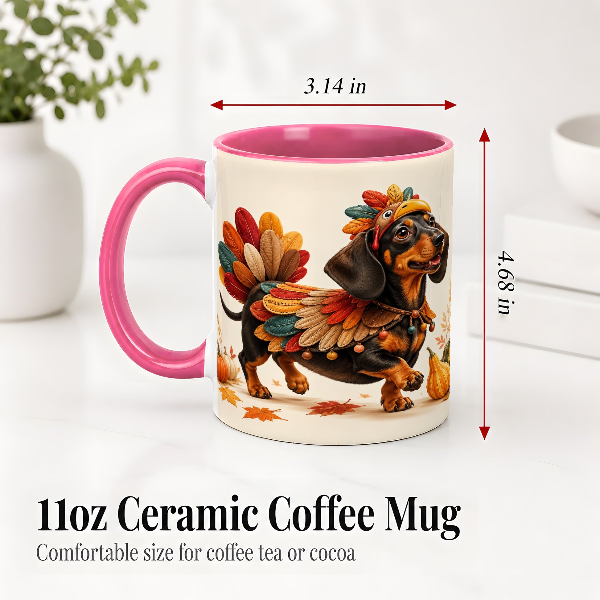 #pl[11oz|Pink] Thanksgiving Dachshund Accent Mug, Mug with Turkey Costume Art