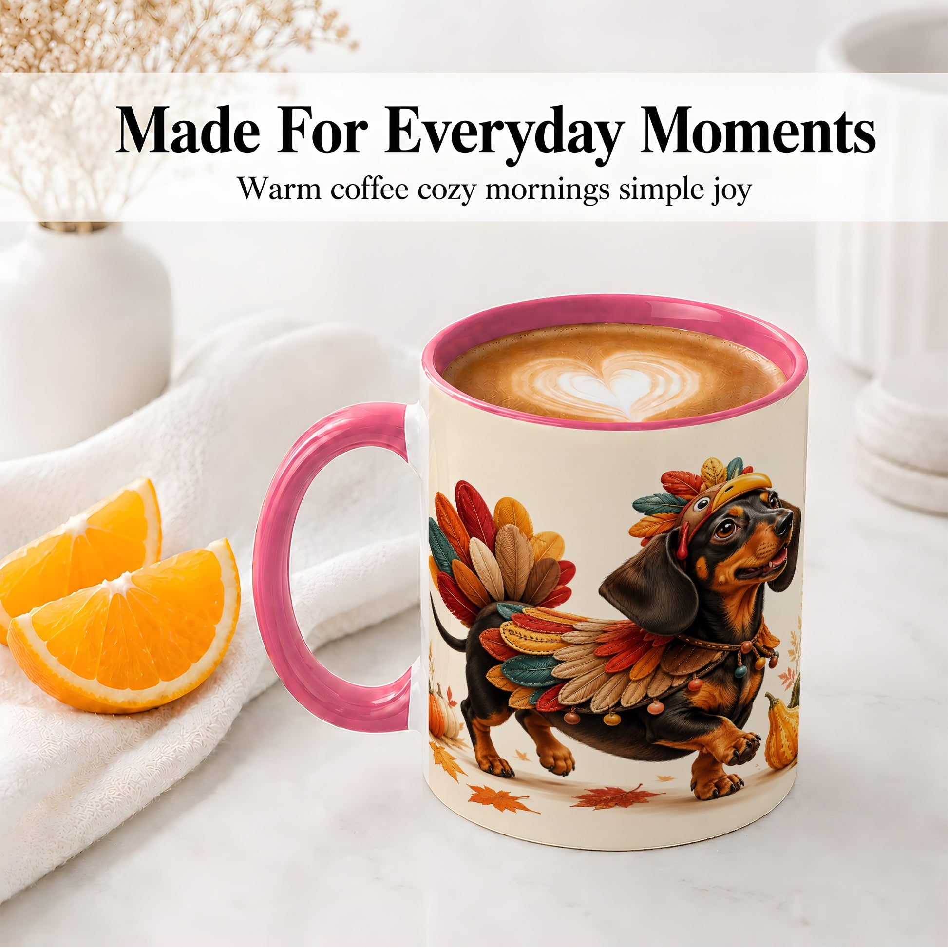 #pl[11oz|Pink] Thanksgiving Dachshund Accent Mug, Mug with Turkey Costume Art
