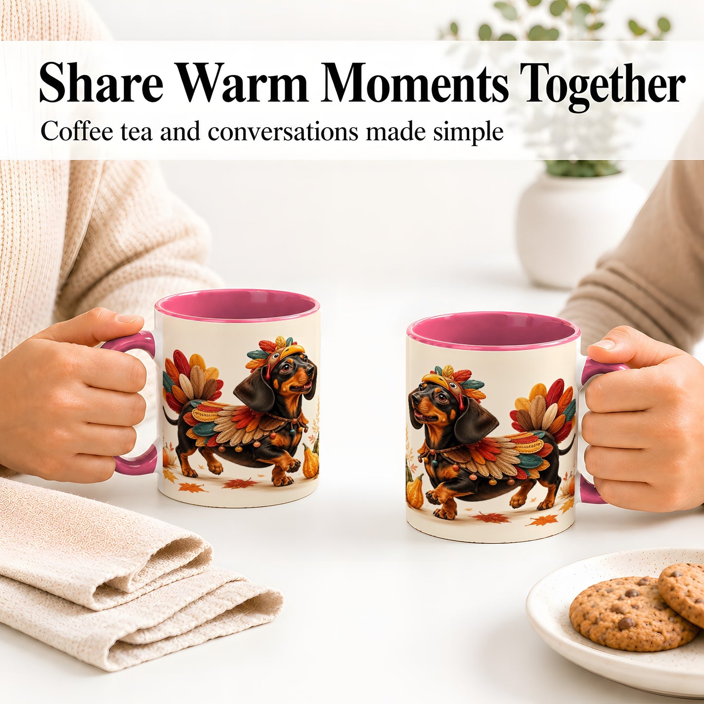 #pl[11oz|Pink] Thanksgiving Dachshund Accent Mug, Mug with Turkey Costume Art